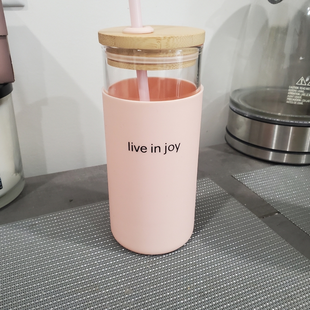 Live in Joy Pink Glass Tumbler with Bamboo Lid